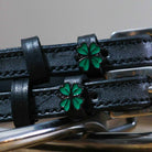 Black leather Four Leaf Clover Spur Strap with green clover charm and stainless steel buckle