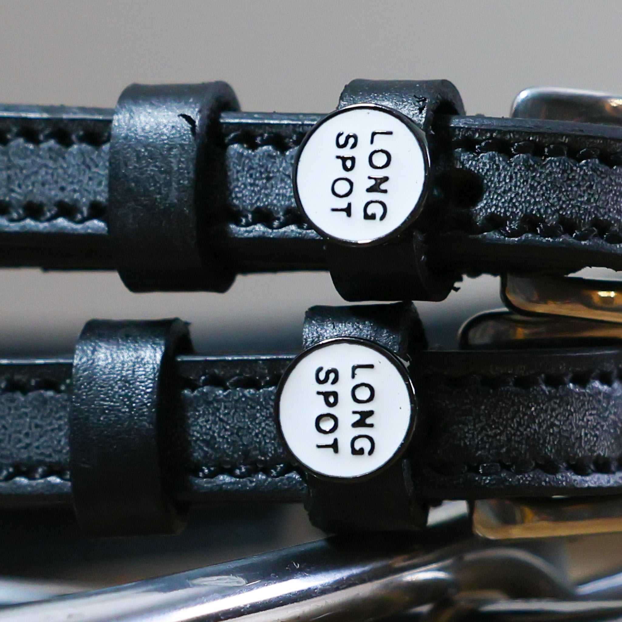 Black leather Long Spot Spur Straps with stainless steel buckle and custom charm