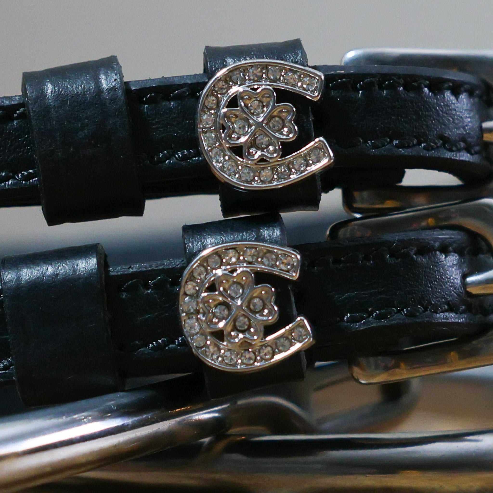 Black leather Horse Shoe Clover Spur Straps with stainless steel buckle and custom charm