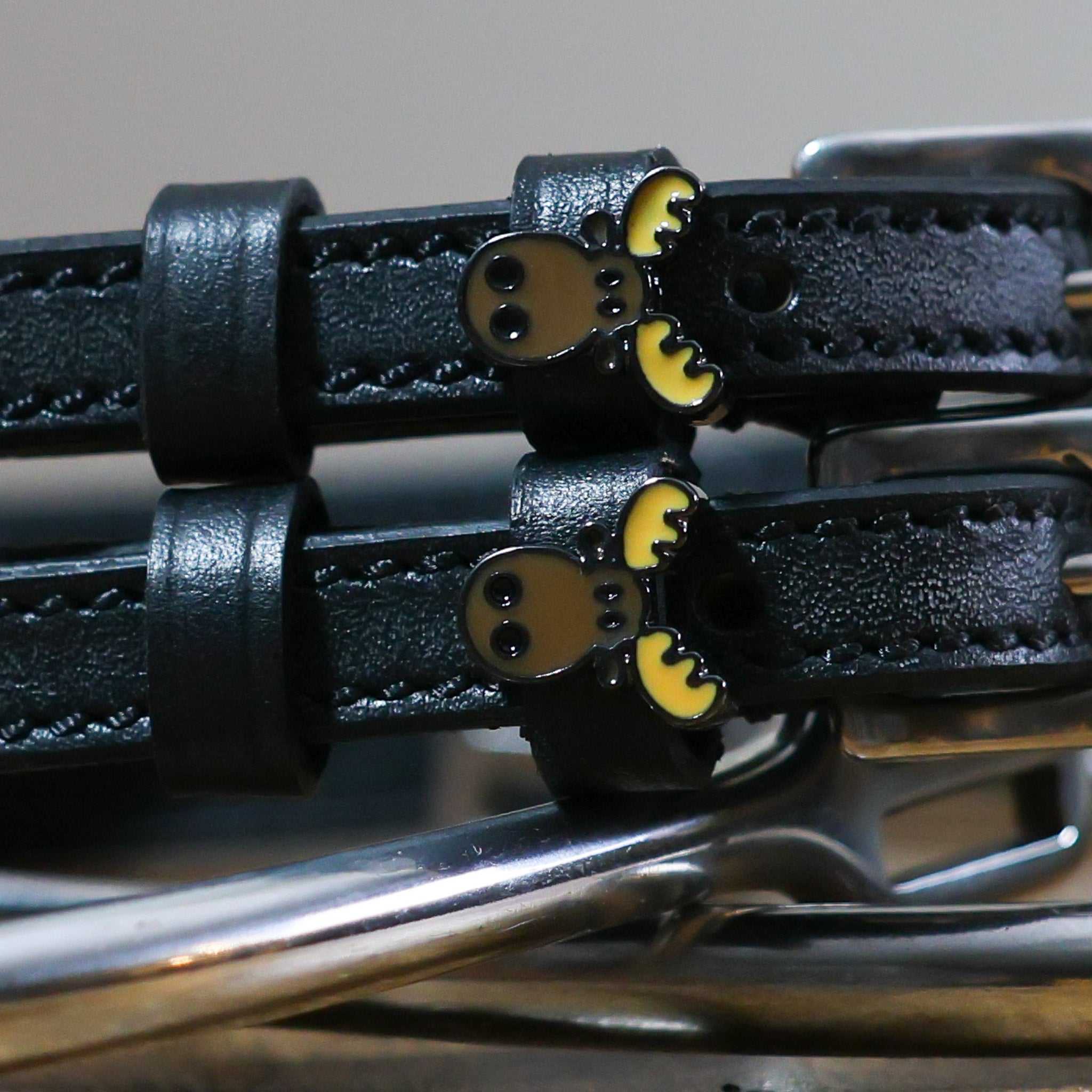 Black leather Moose Spur Straps with stainless steel buckles and custom moose charms