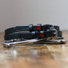 ManeJane Devil Heart Spur Straps Spur Straps — black leather, non-stretch, hero image for English riders.