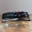 ManeJane Devil Heart Spur Straps Spur Straps — black leather, non-stretch, hero image for English riders.
