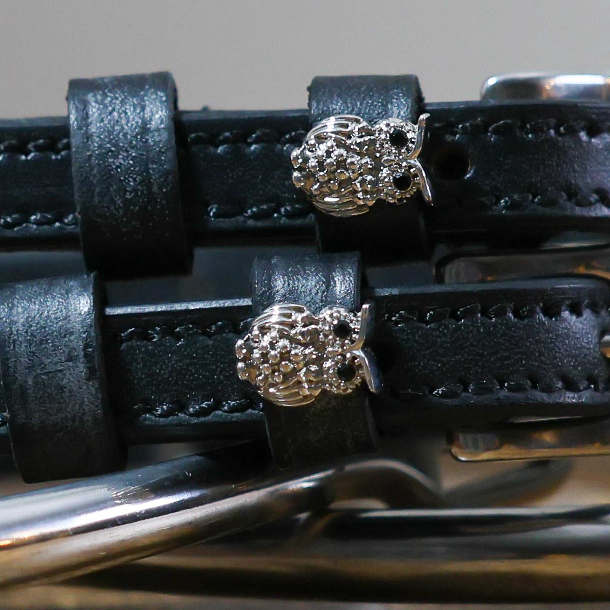 Owl Silver Bling black leather spur straps with silver owl charm and stainless steel buckle