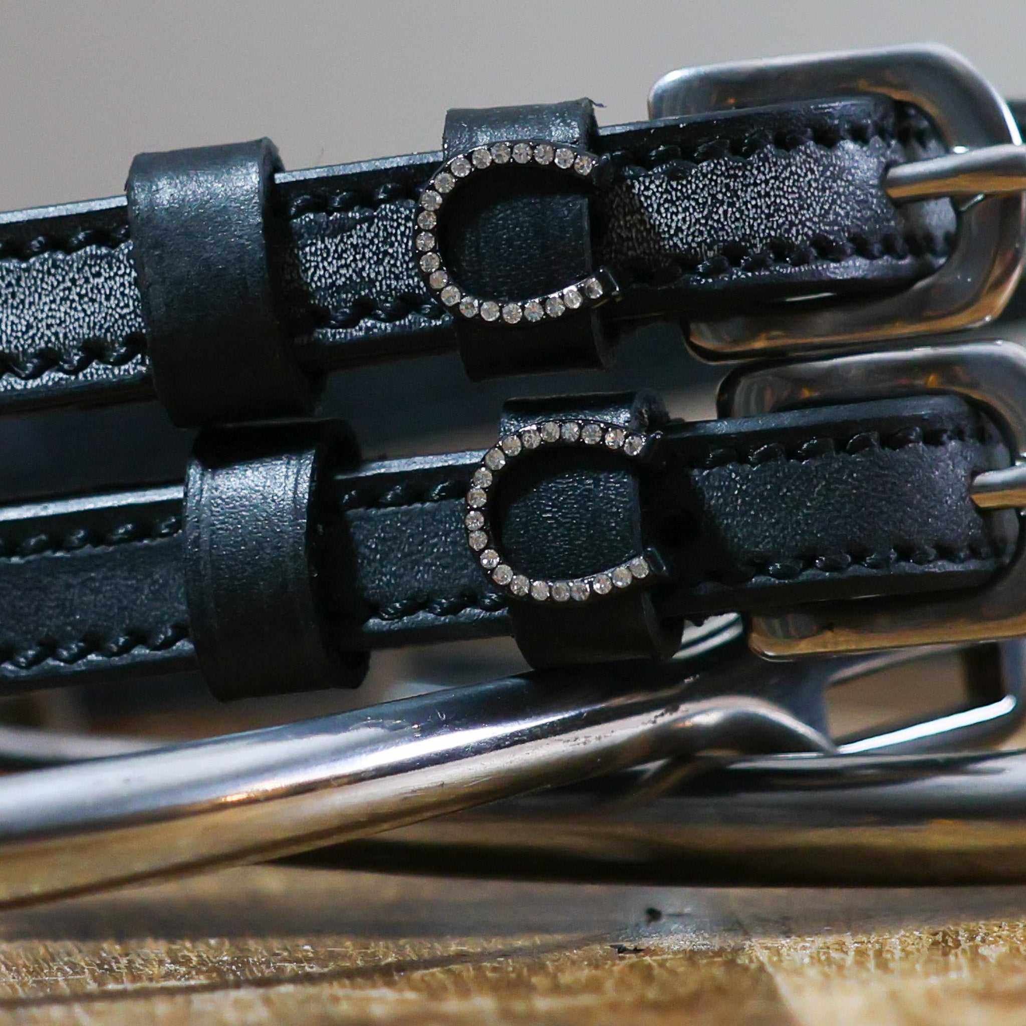 Black leather Horse Shoes silver bling spur straps with rhinestone horseshoe charm and stainless steel buckles