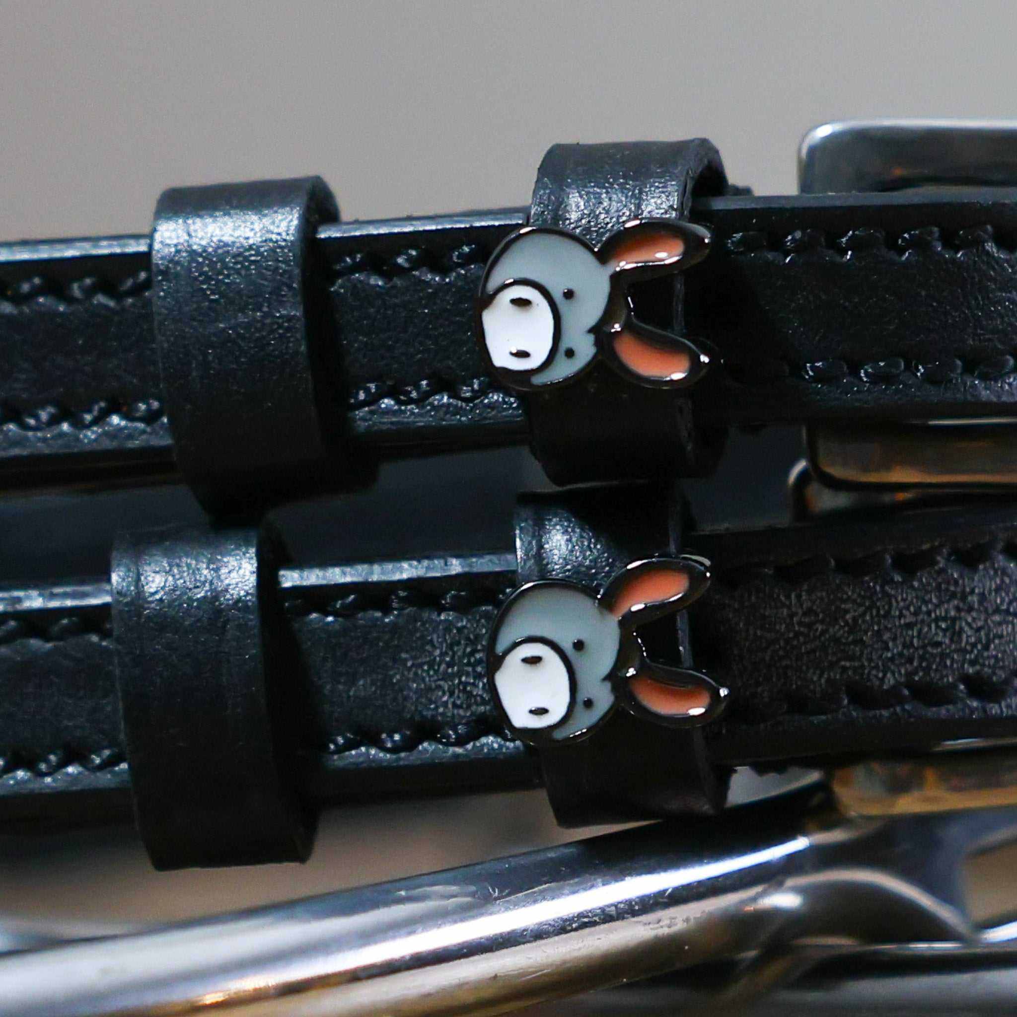 Black leather Donkey Spur Strap with stainless steel buckle and custom donkey charm