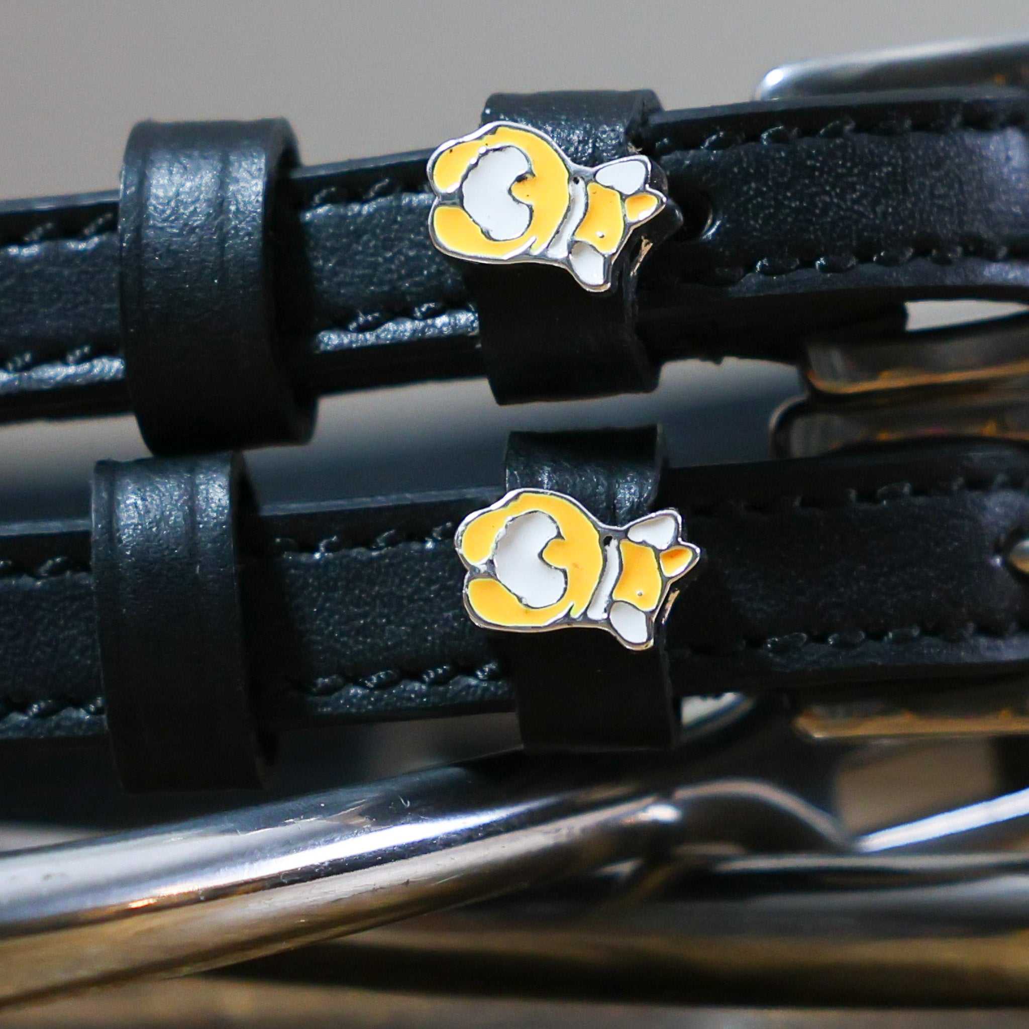 Black leather Corgi Butts Spur Straps with yellow corgi charm and stainless steel buckle