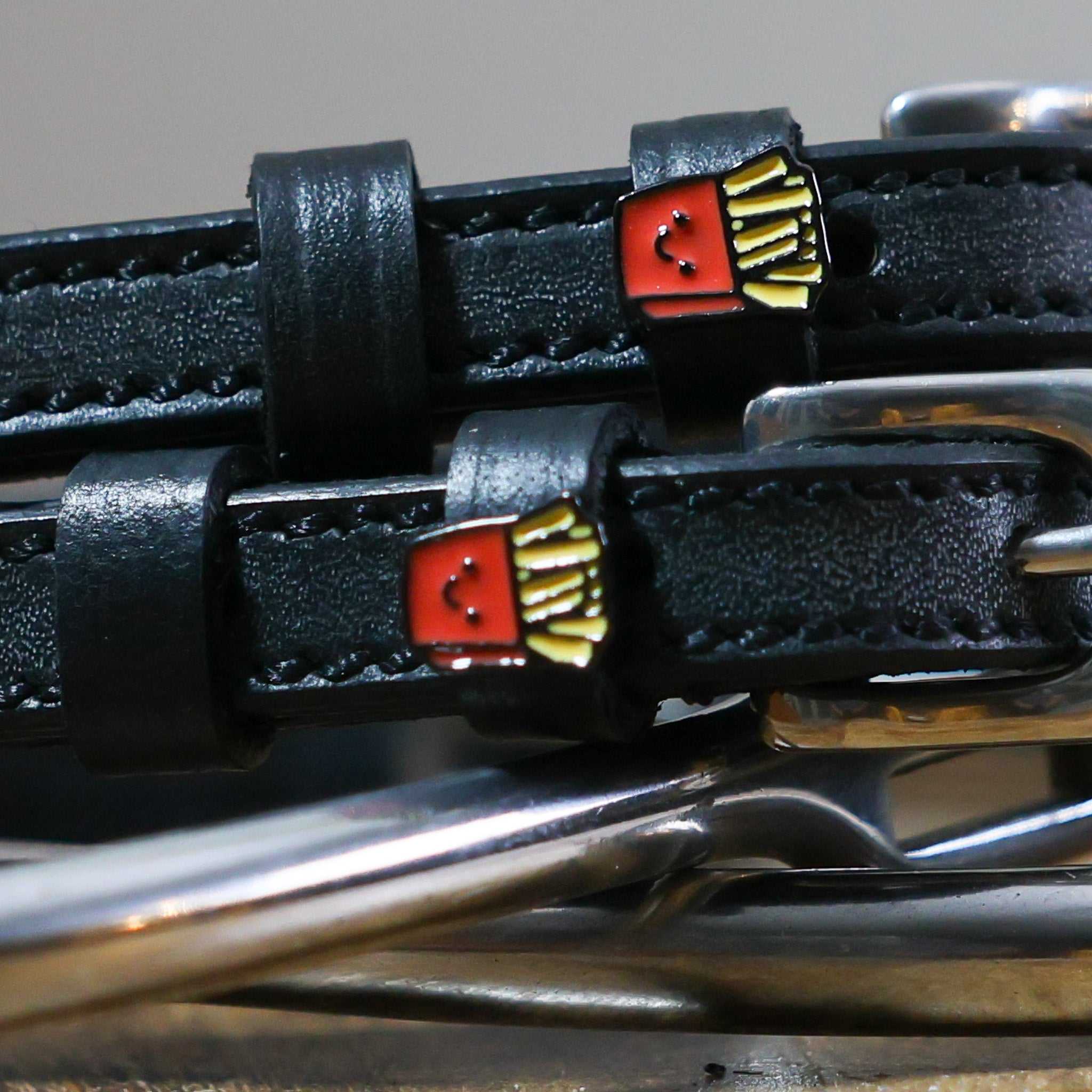 French Fries Spur Straps black leather with custom fries charm and stainless steel buckle