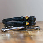 ManeJane Lion Spur Straps Spur Straps — black leather, non-stretch, hero image for English riders.
