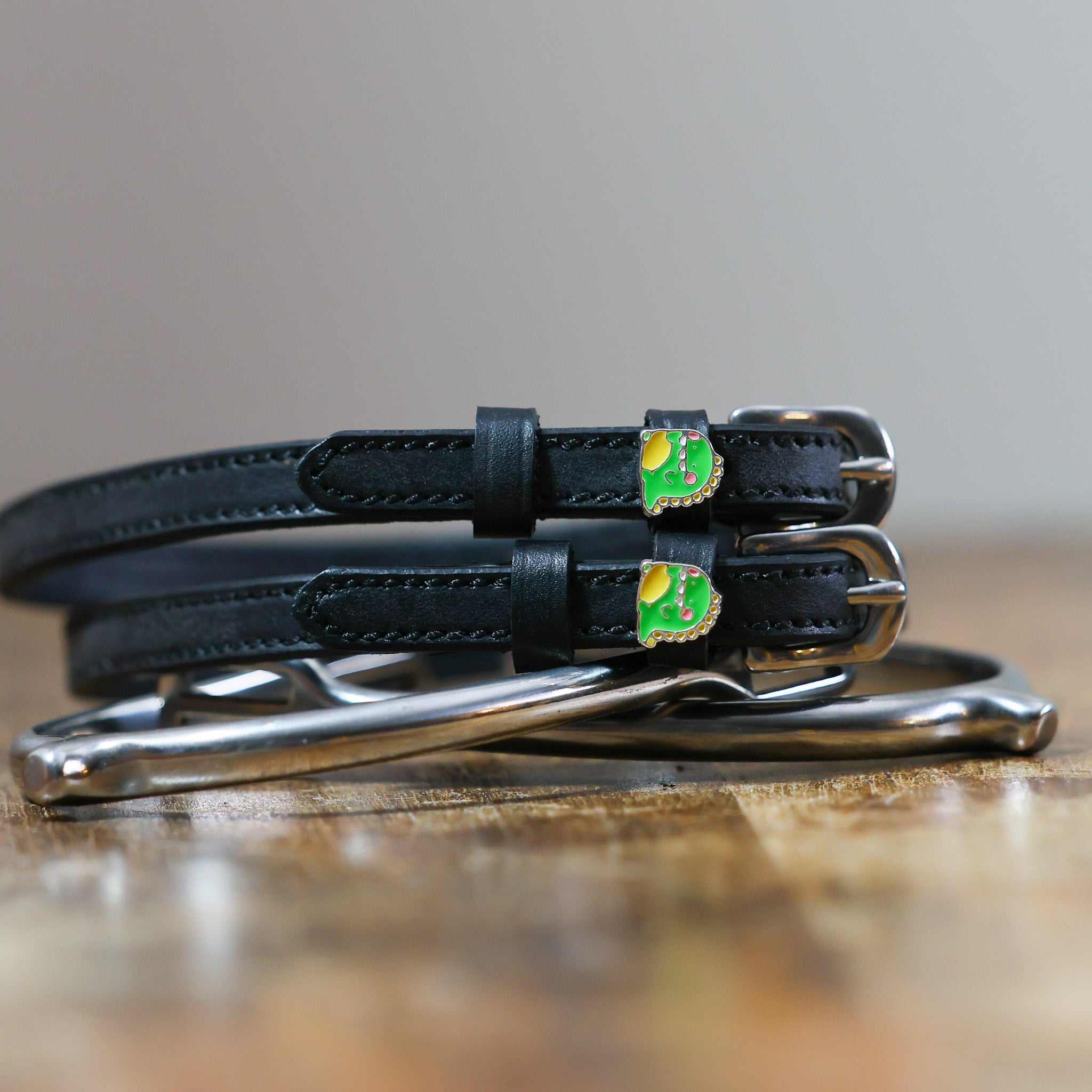 Black leather dragon spur straps with green dragon design and silver buckles from Dragon Dreams Bundle