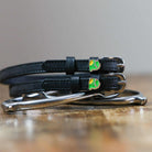 Black leather dragon spur straps with green dragon design and silver buckles from Dragon Dreams Bundle