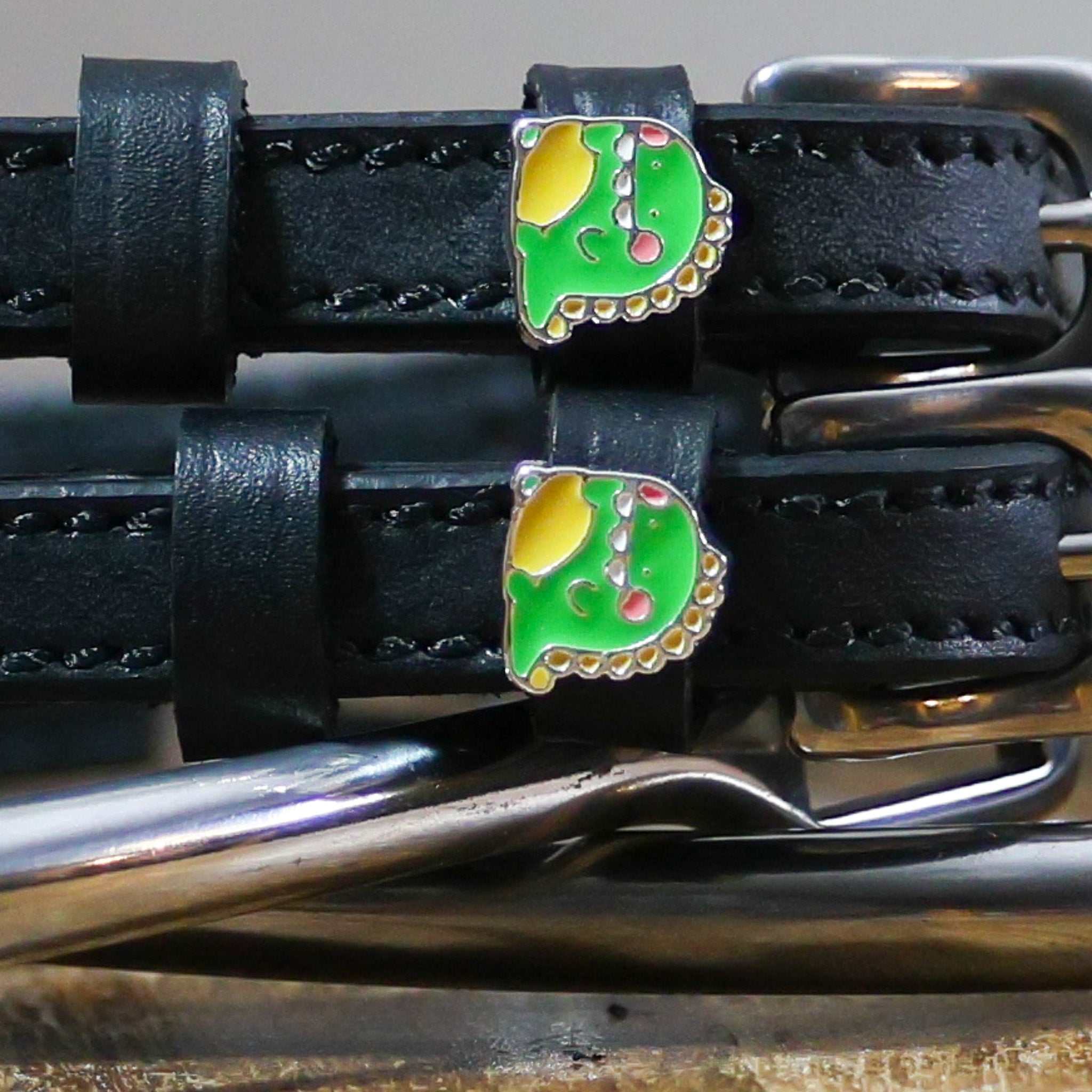 Black leather Dragon Spur Straps with stainless steel buckles and custom green dragon charms