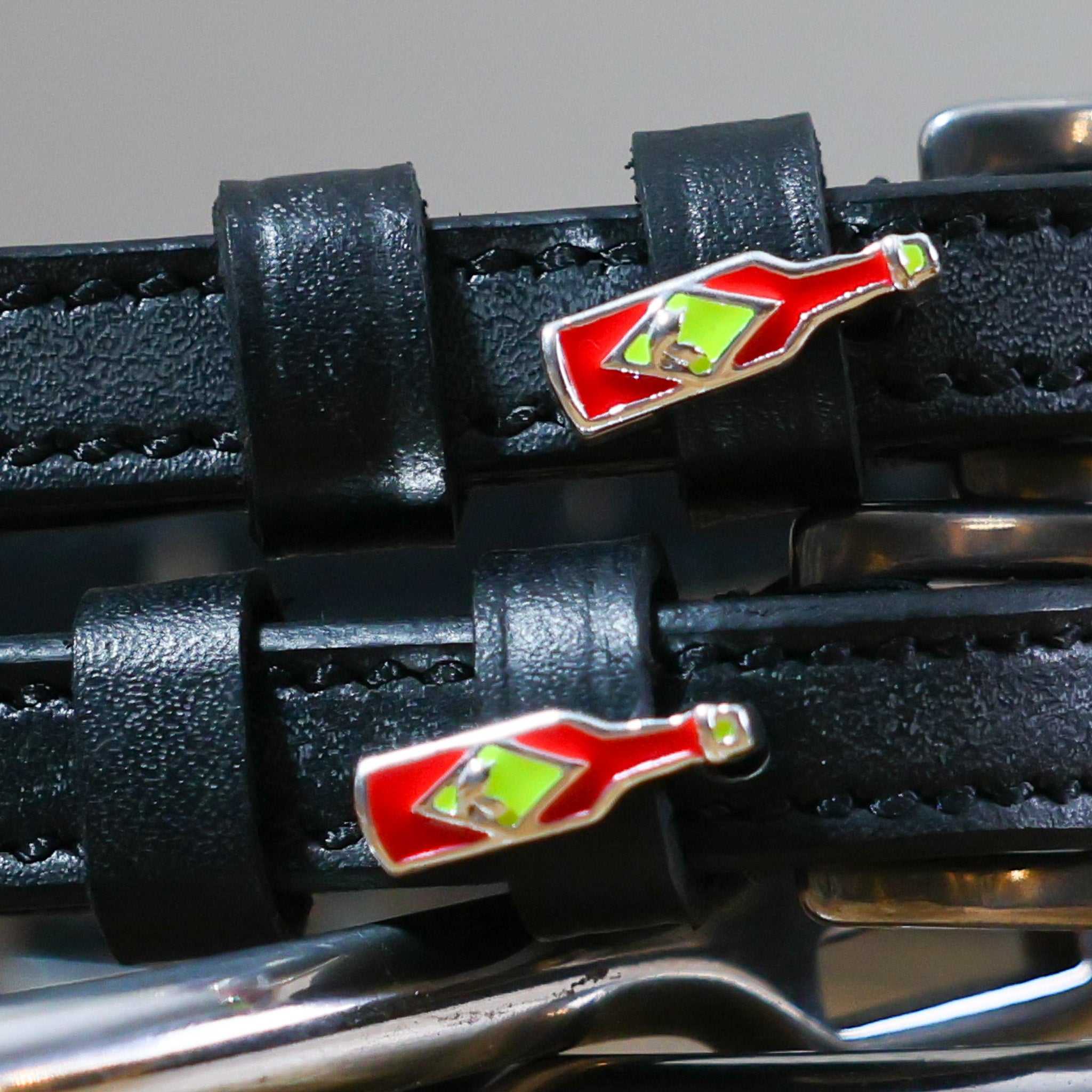 Black leather Hot & Spicy Spur Straps with custom chili pepper charm and stainless steel buckle