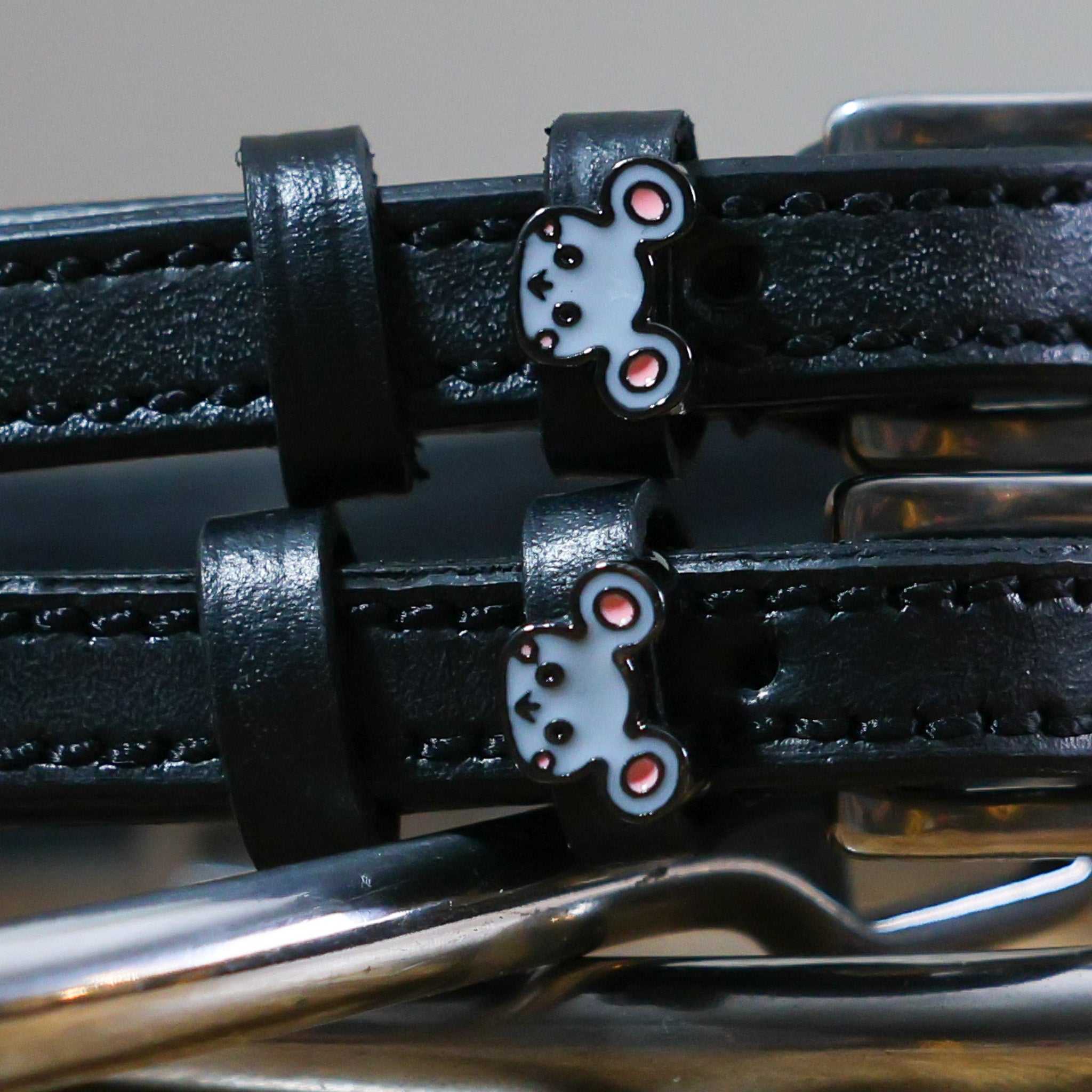 Black leather Mouse Spur Straps with stainless steel buckles and mouse-shaped charms