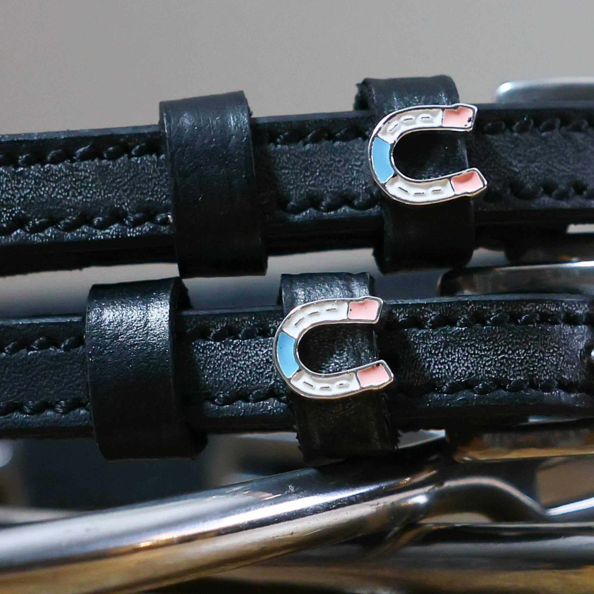Black leather Horse Shoe Party Spur Straps with stainless steel buckle and custom horseshoe charm