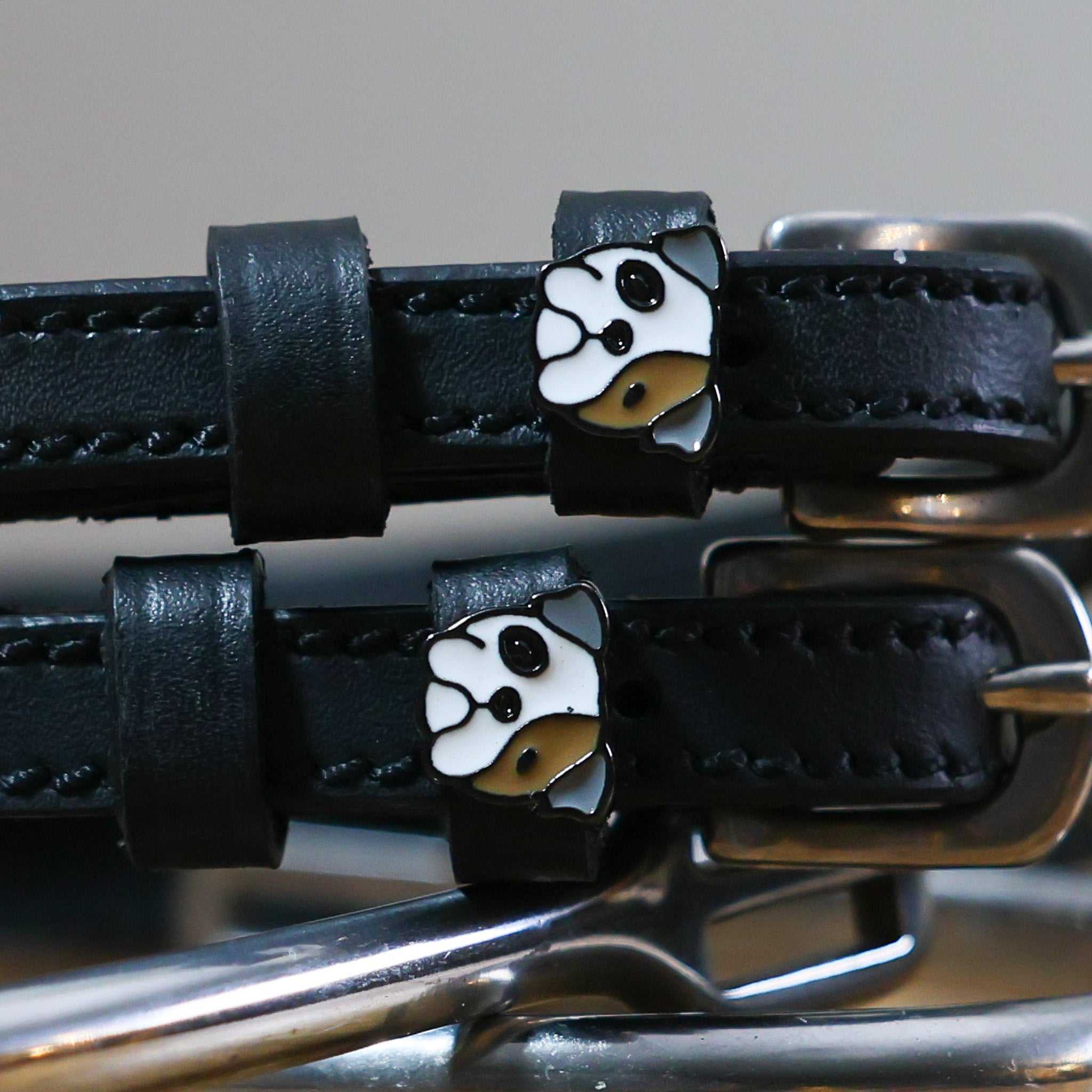 Black leather Dog - Bulldog Spur Straps with stainless steel buckles and custom bulldog charm