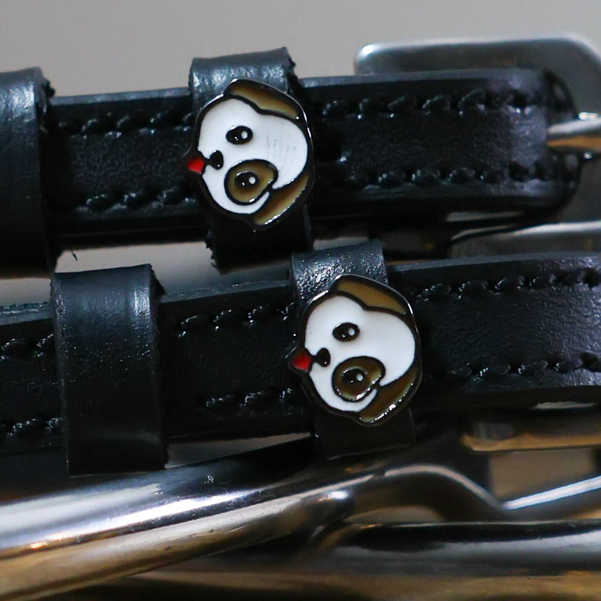 Black leather Dog - Puppy Spur Straps with stainless steel buckles and custom puppy charms