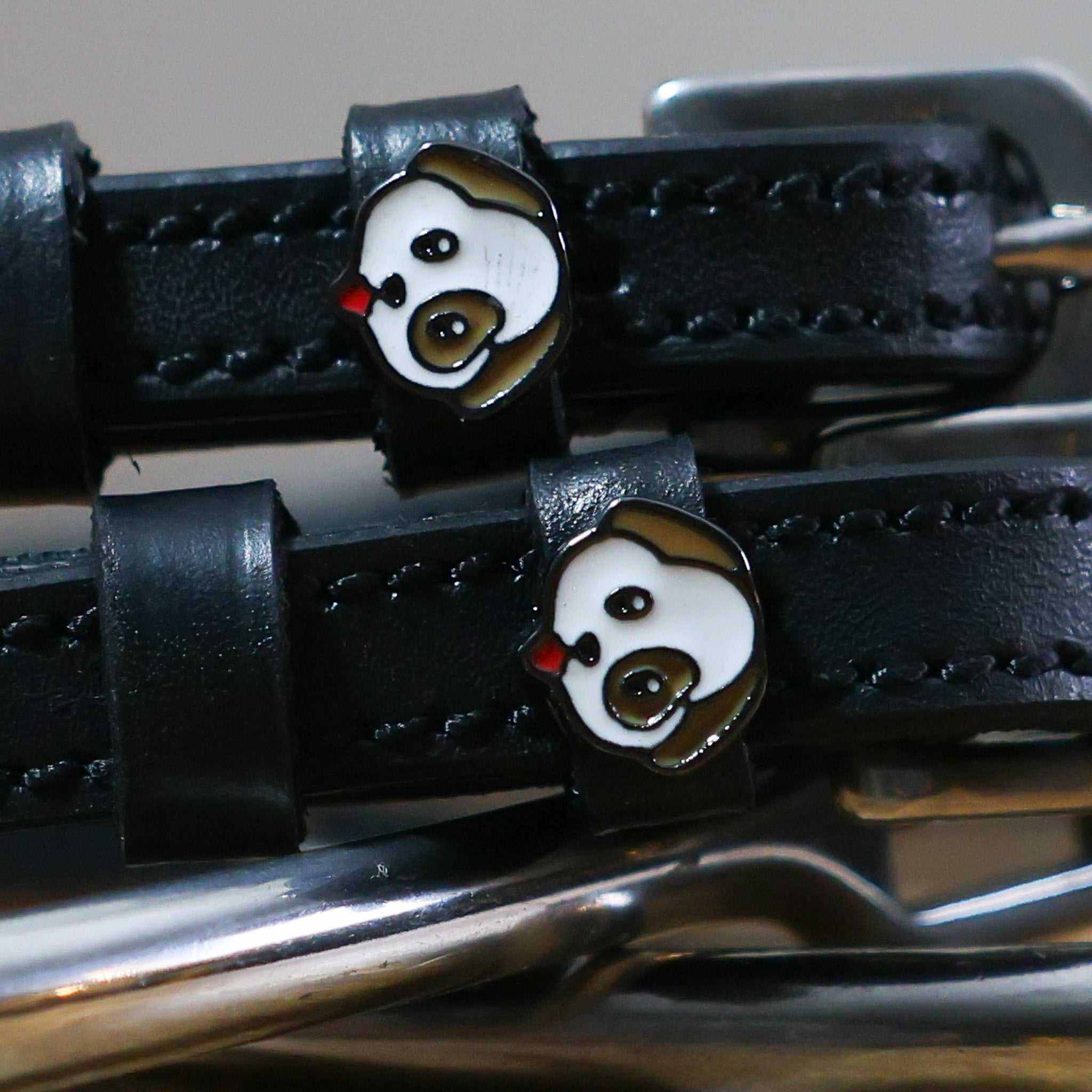 Black leather Dog - Puppy Spur Straps with stainless steel buckles and custom puppy charms