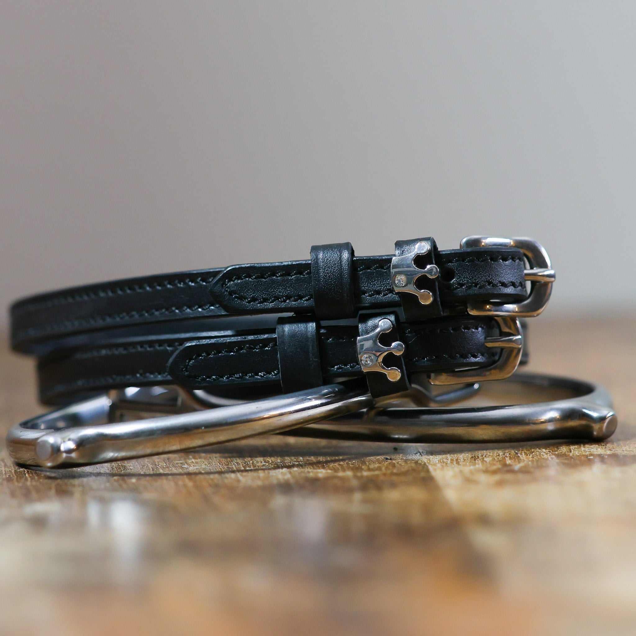 ManeJane Queenie Spur Straps Spur Straps — black leather, non-stretch, hero image for English riders.