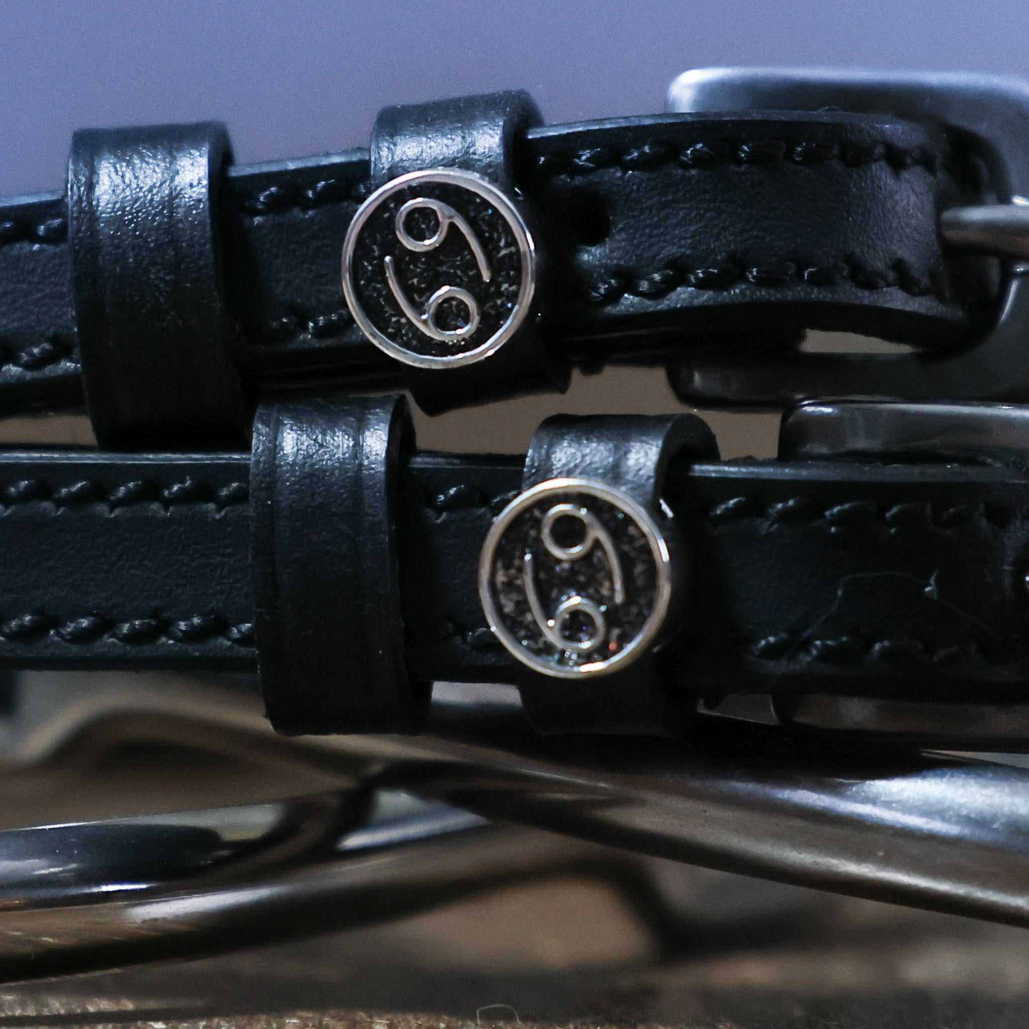 Black leather Cancer Spur Straps with stainless steel Cancer zodiac charm and buckle
