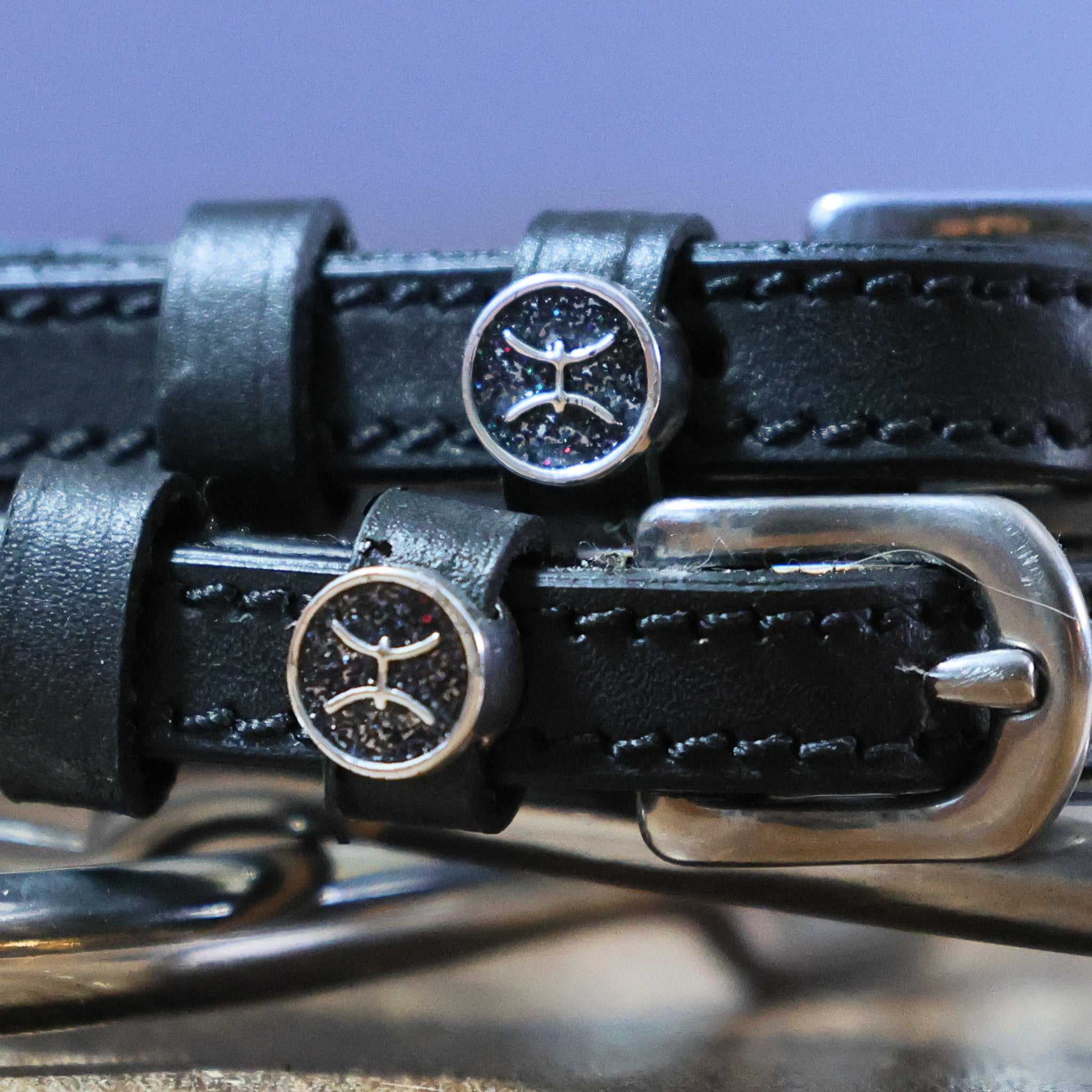 Close-up of black leather Pisces Spur Straps with stainless steel buckles and custom Pisces charms by ManeJane