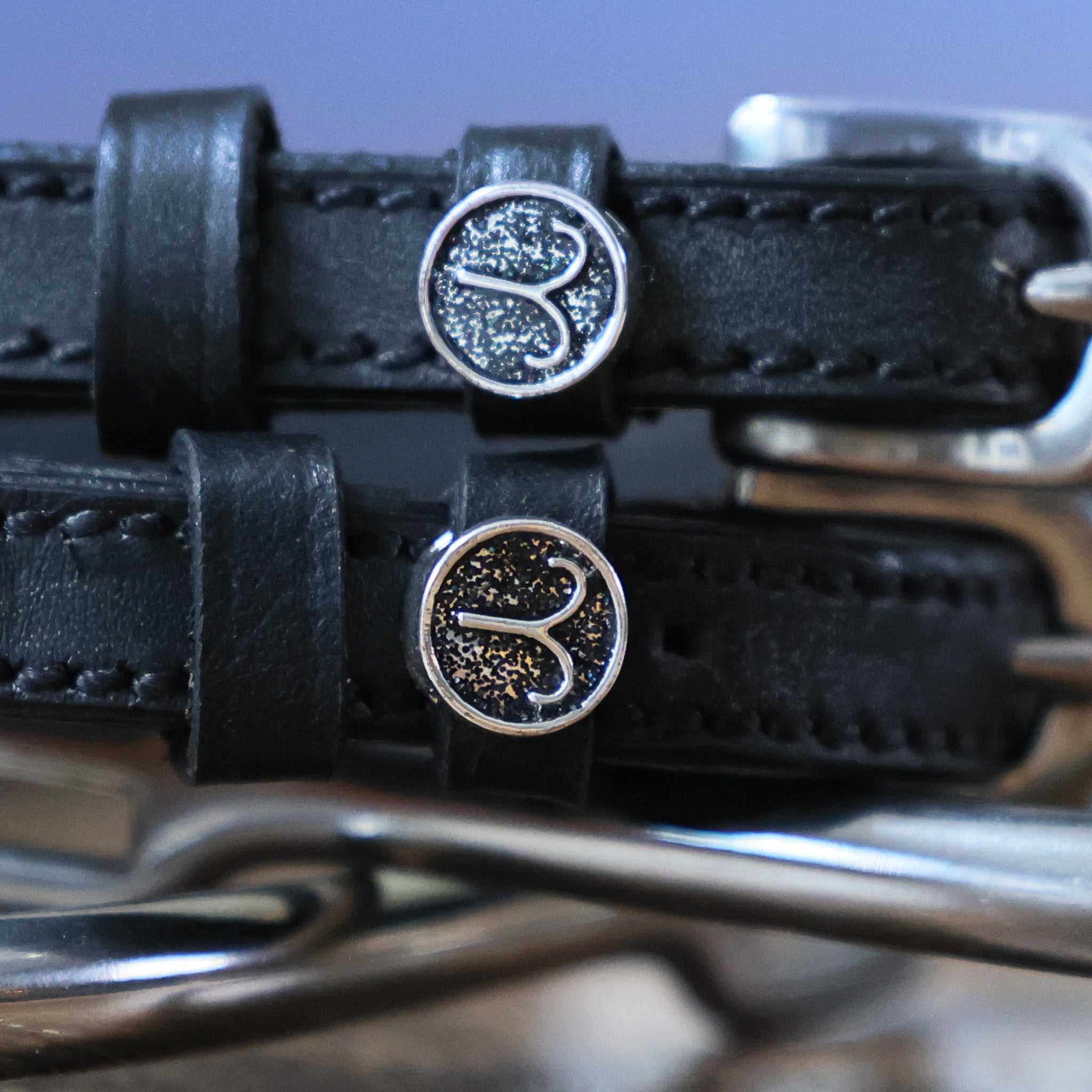 Black leather Aries Spur Straps with stainless steel buckles and custom ManeJane Aries charms