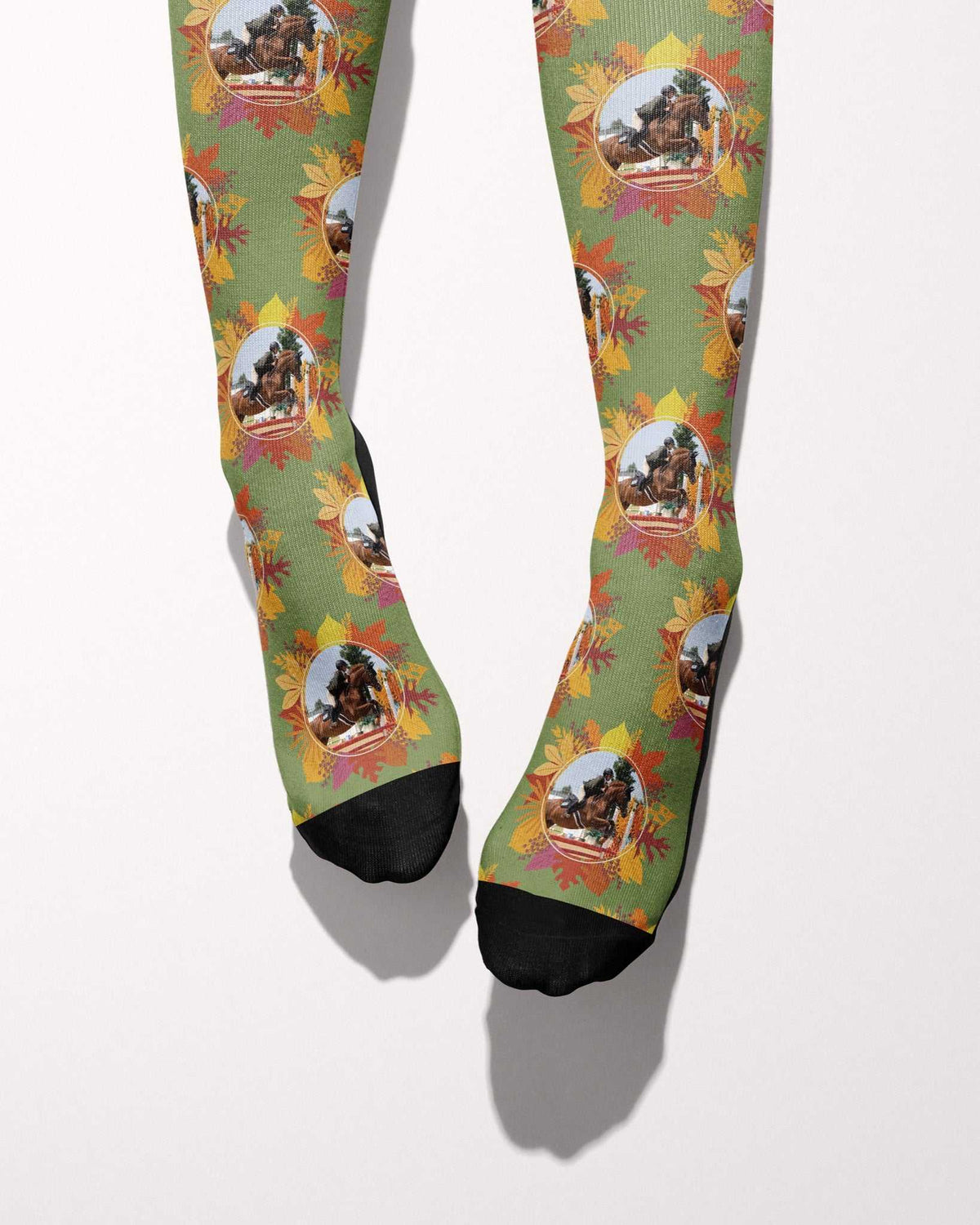 Autumn Leaves custom photo equestrian boot socks, worn, showing the full-length pattern, by Dreamers & Schemers