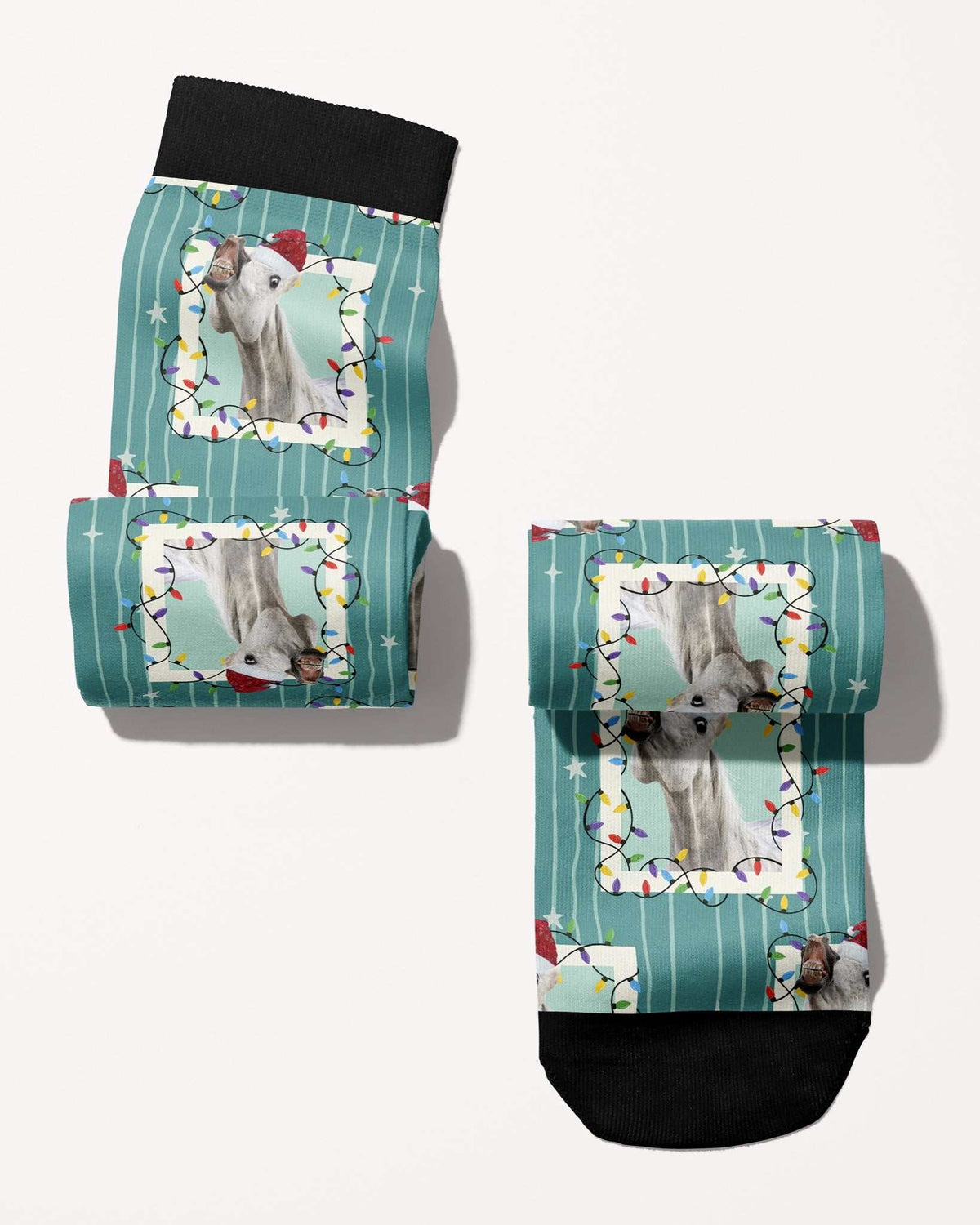 Merry & Bright custom photo equestrian boot socks, rolled, showing the pattern repeat, by Dreamers & Schemers