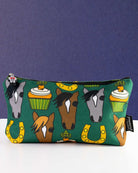 Carrot Cake zip pouch in deep green, printed with pony faces, horseshoes and carrot cupcakes, by Dreamers & Schemers