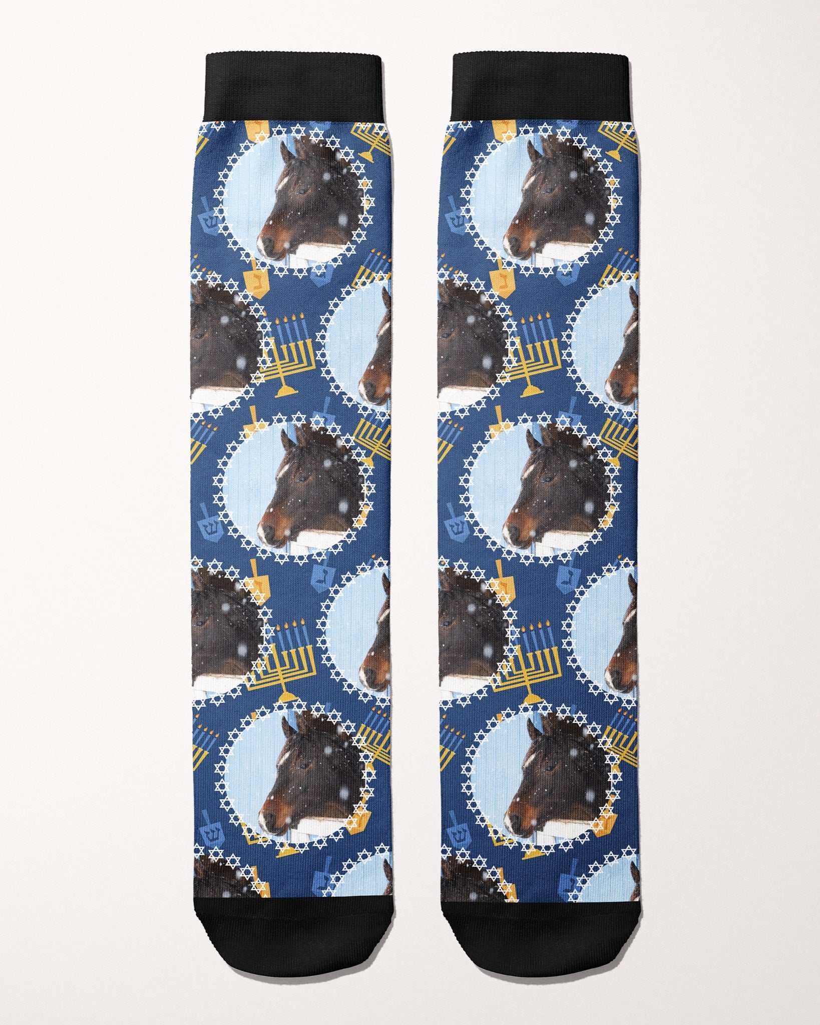 Oy to the World custom photo equestrian boot socks, flat lay of the pair, by Dreamers & Schemers