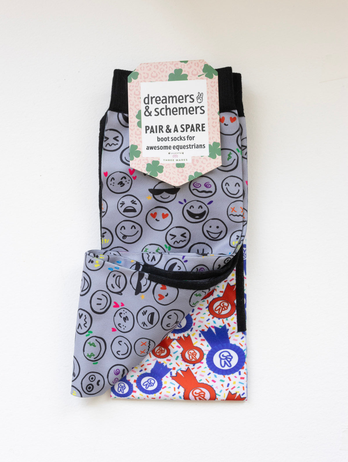 Horse Ownership boot socks shown folded with the included spare sock and printed cuff detail