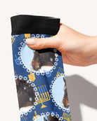 Oy to the World custom photo equestrian boot socks, held in hand, close-up of the Star of David frame pattern, by Dreamers & Schemers