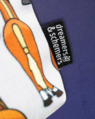 Close-up of a chestnut pony's hindquarters on the Butts pouch, beside the woven brand tag