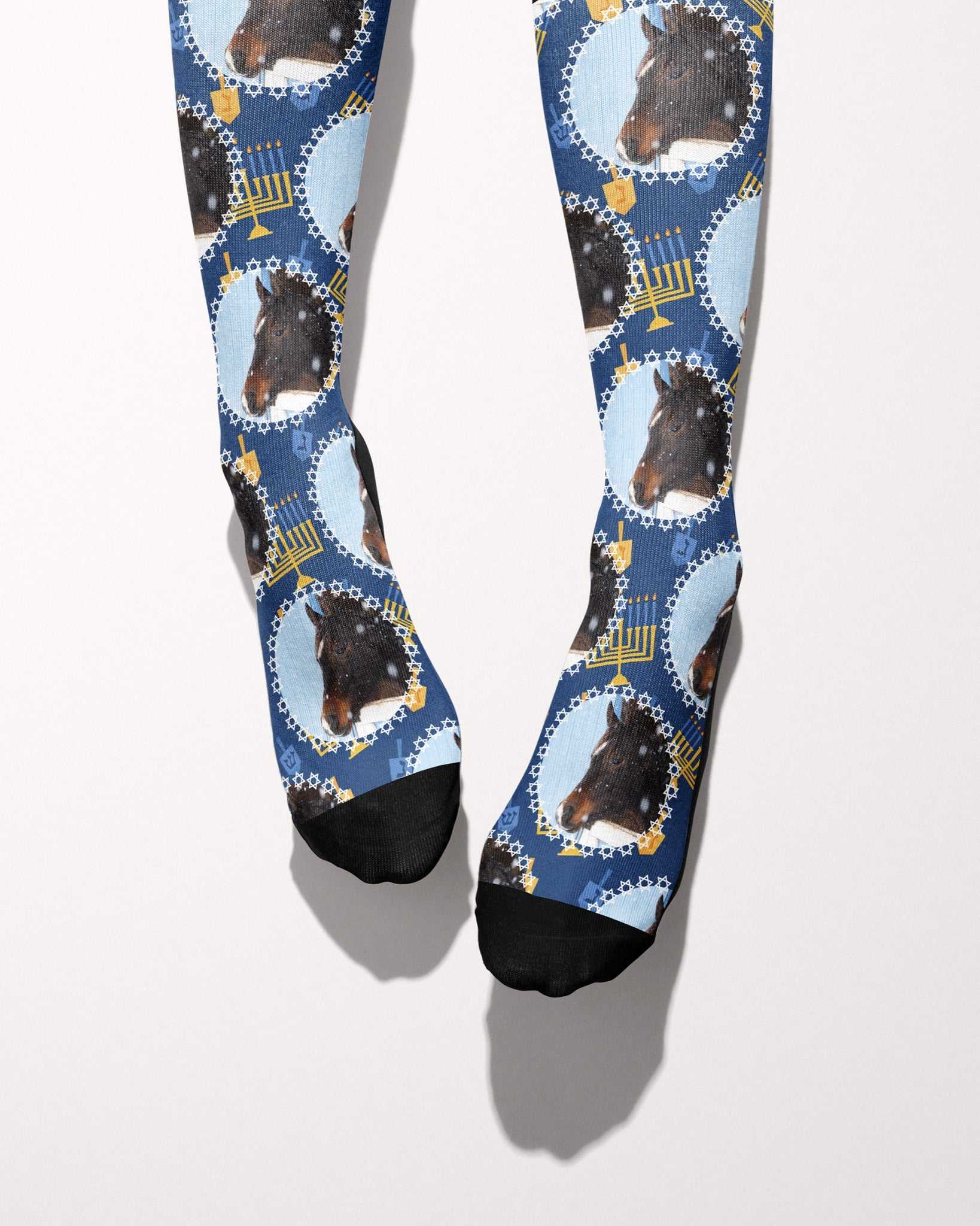 Oy to the World custom photo equestrian boot socks, worn, showing the full-length pattern, by Dreamers & Schemers