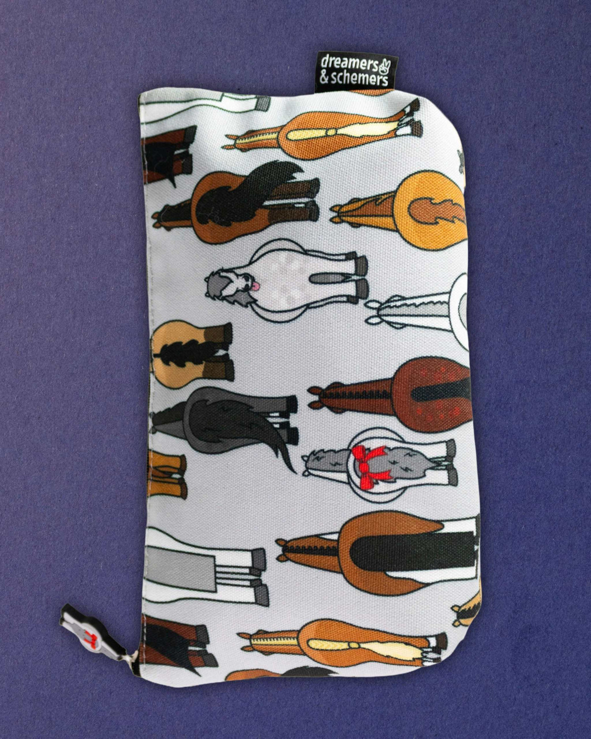 Butts zip pouch shown flat and upright, the full line-up of bay, grey and palomino rears on show