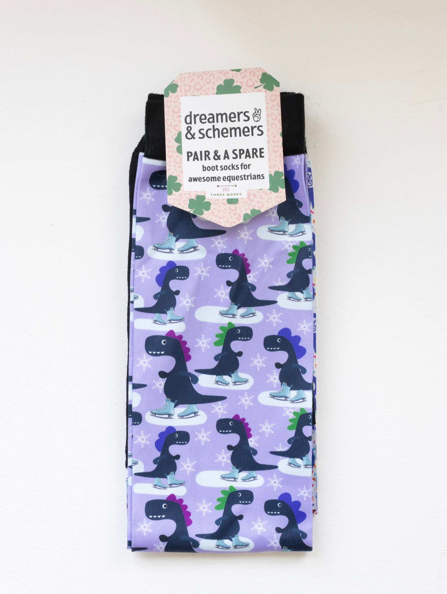 Dino-skate Pair & a Spare equestrian boot socks in their header card, by Dreamers & Schemers