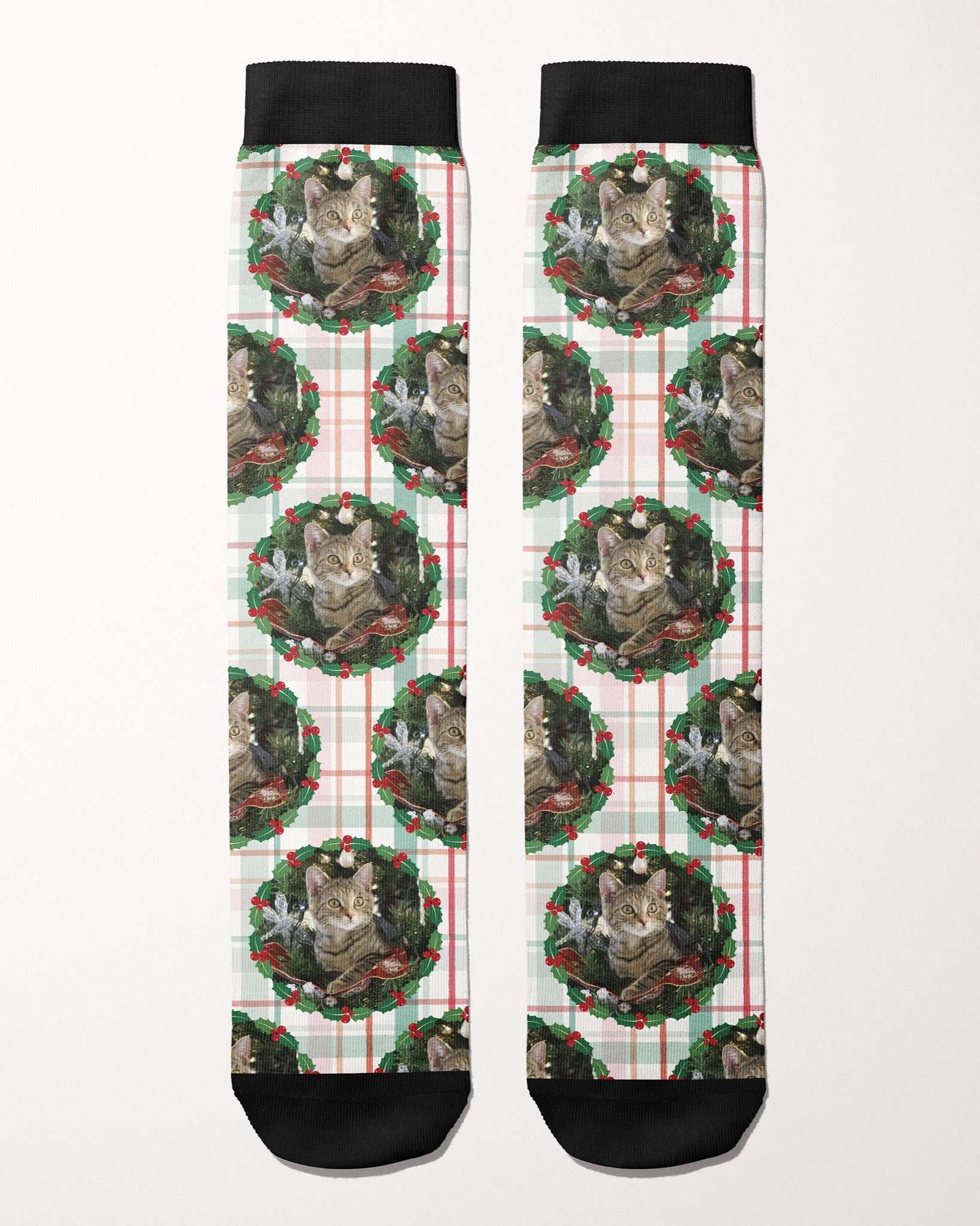 Plaid Tidings custom photo equestrian boot socks, flat lay of the pair, by Dreamers & Schemers