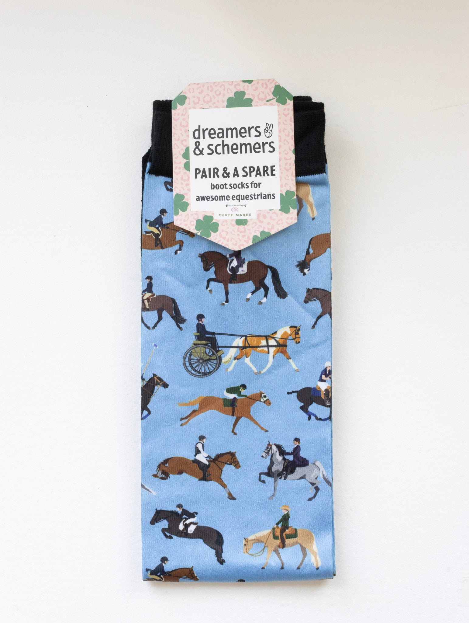 The Pony Island Horse Sports Pair & a Spare equestrian boot socks in their header card, by Dreamers & Schemers