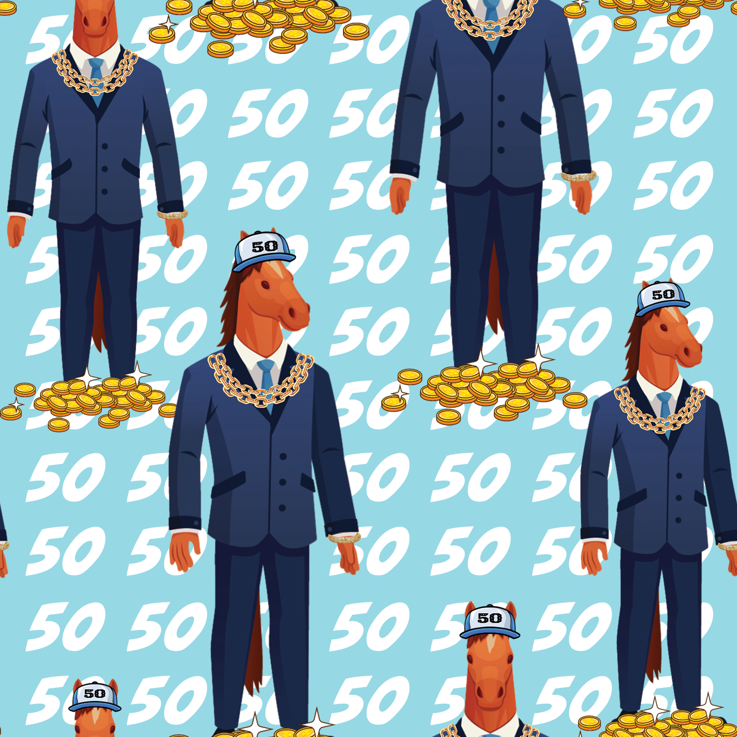 Limited edition boot socks featuring a horse character in a suit with gold chains and 50 cent theme on blue background