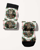 Plaid Tidings custom photo equestrian boot socks, rolled, showing the pattern repeat, by Dreamers & Schemers