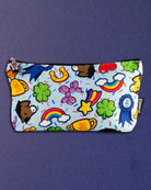 Lucky Charm zip pouch side-on, showing the full print of blue ribbons, balloon ponies and confetti