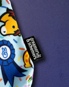 Woven dreamers & schemers tag on the Lucky Charm pouch, next to a printed blue prize ribbon