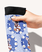 Snow Cute custom photo equestrian boot socks, held in hand, close-up of the snowman circle pattern, by Dreamers & Schemers