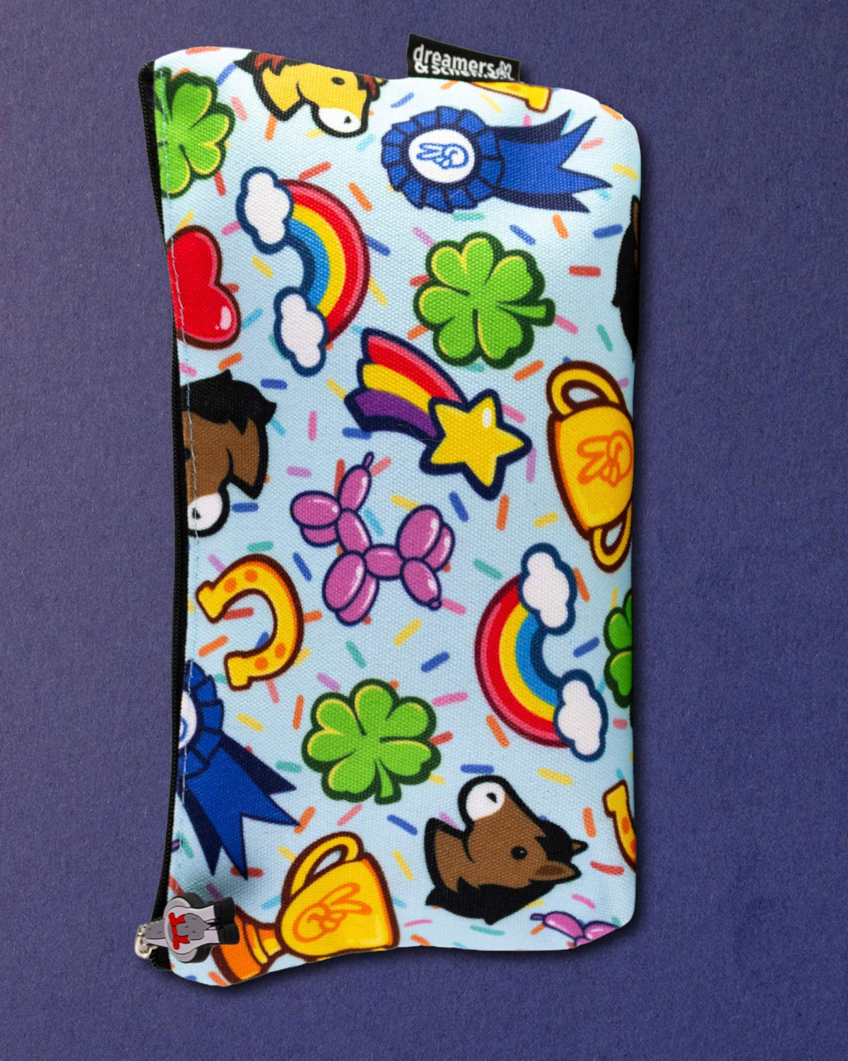 Lucky Charm zip pouch upright, showing the full height of the clover and rainbow print