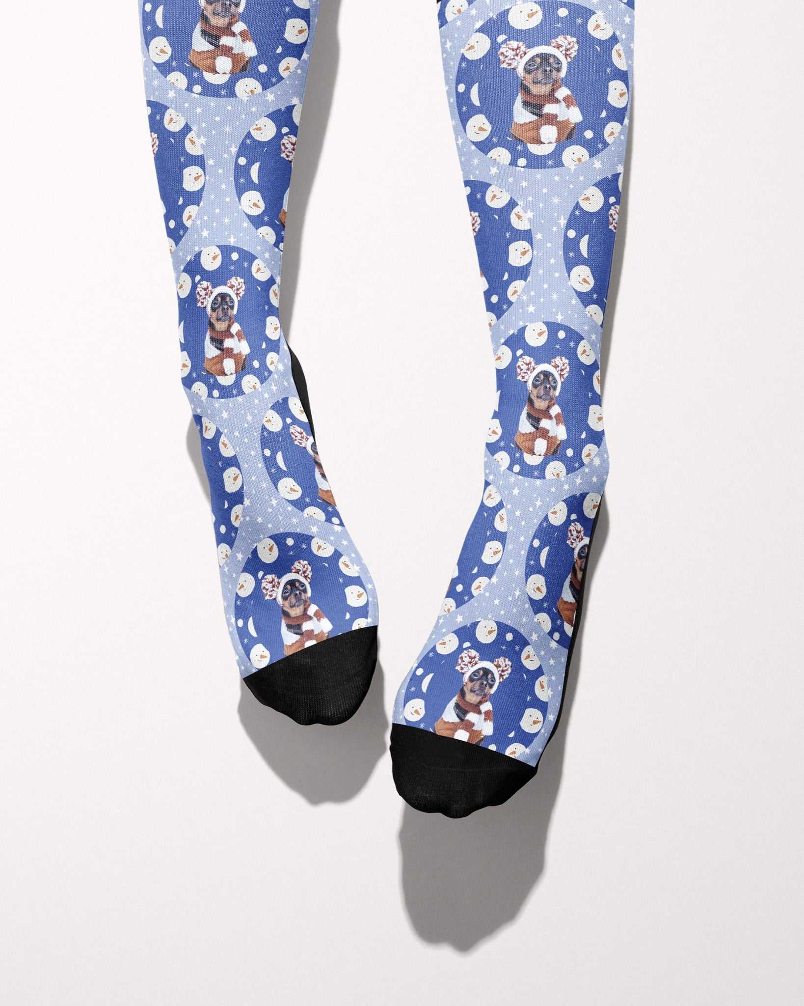 Snow Cute custom photo equestrian boot socks, worn, showing the full-length pattern, by Dreamers & Schemers