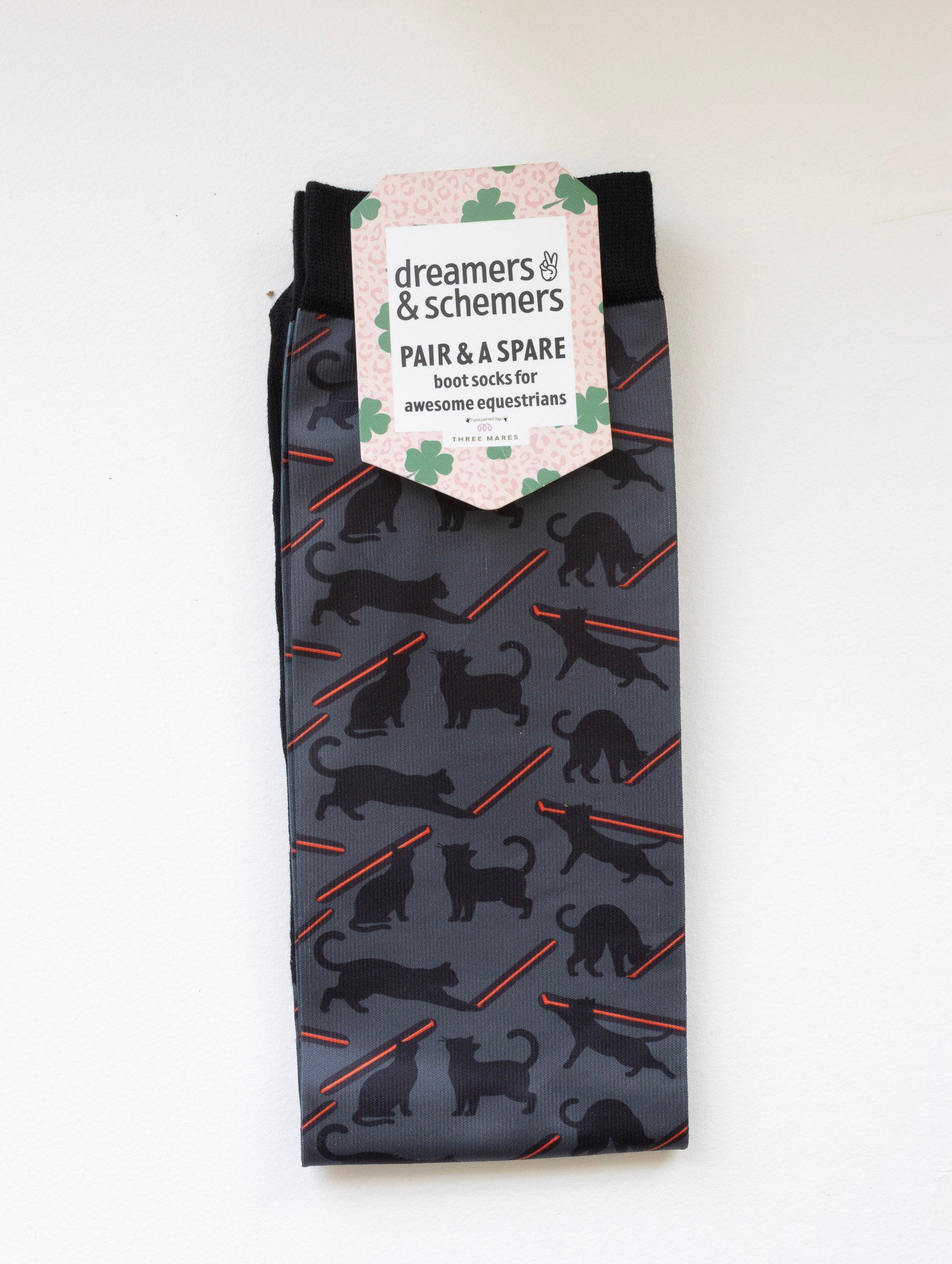 Laser Cats Pair & a Spare equestrian boot socks in their header card, by Dreamers & Schemers