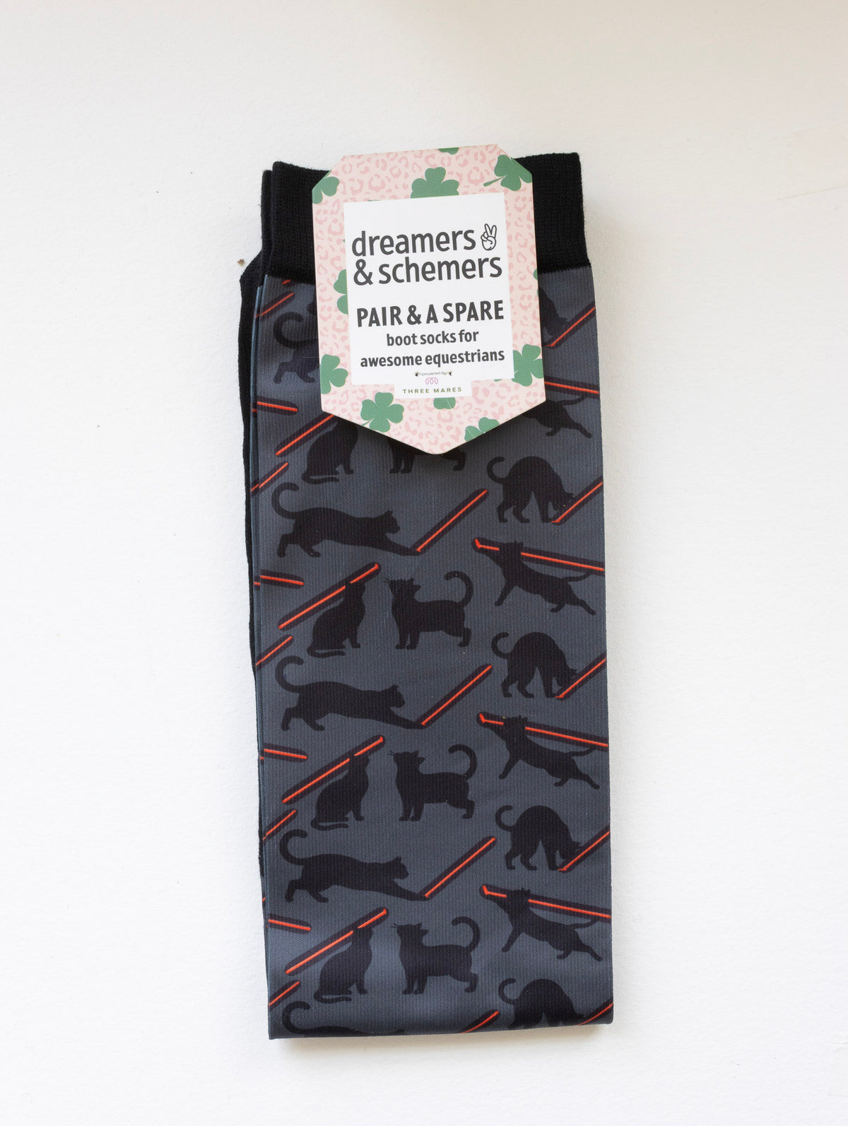 Laser Cats Pair & a Spare equestrian boot socks in their header card, by Dreamers & Schemers