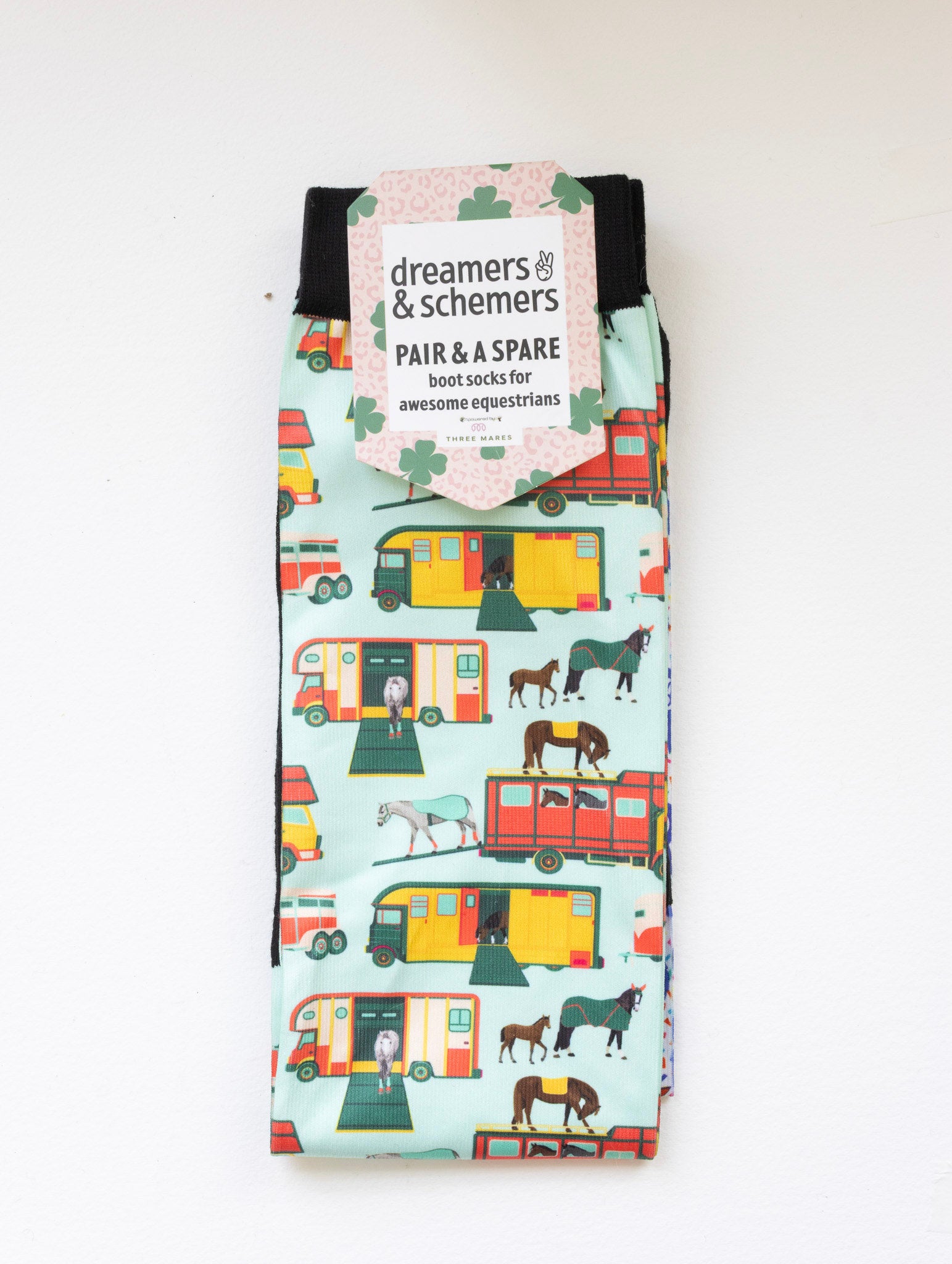The Pony Island Retro Trailers Pair & a Spare equestrian boot socks in their header card, by Dreamers & Schemers