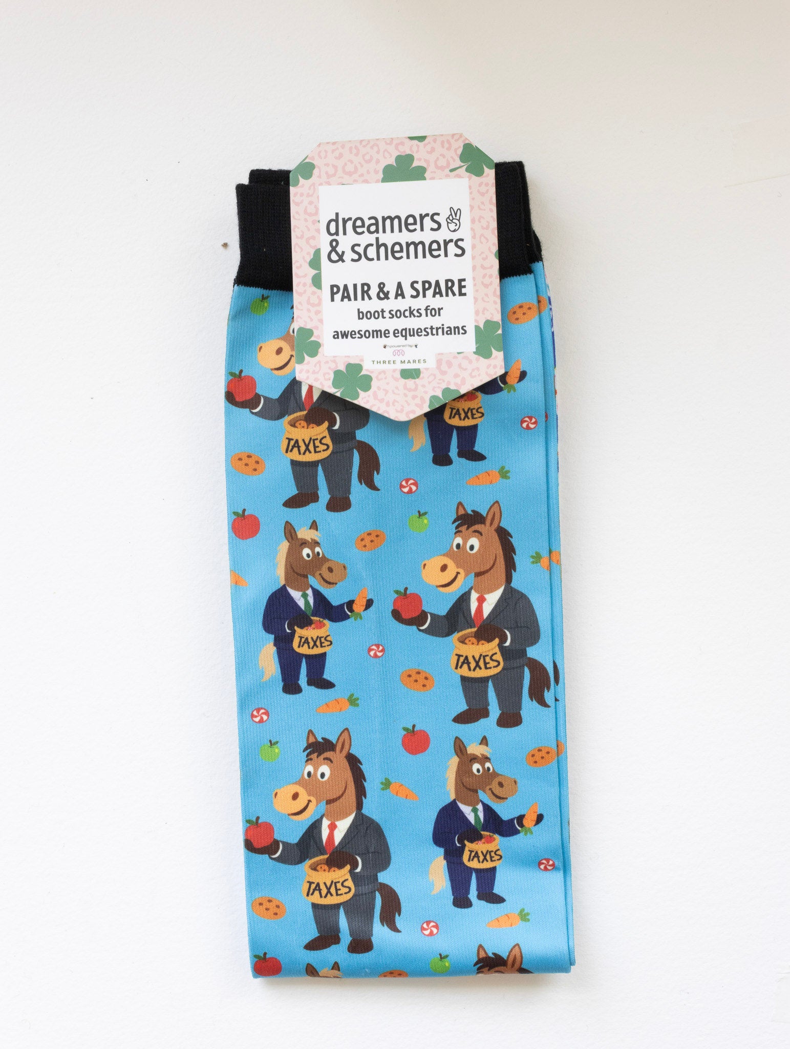 Treat Tax Pair & a Spare equestrian boot socks in their header card, by Dreamers & Schemers