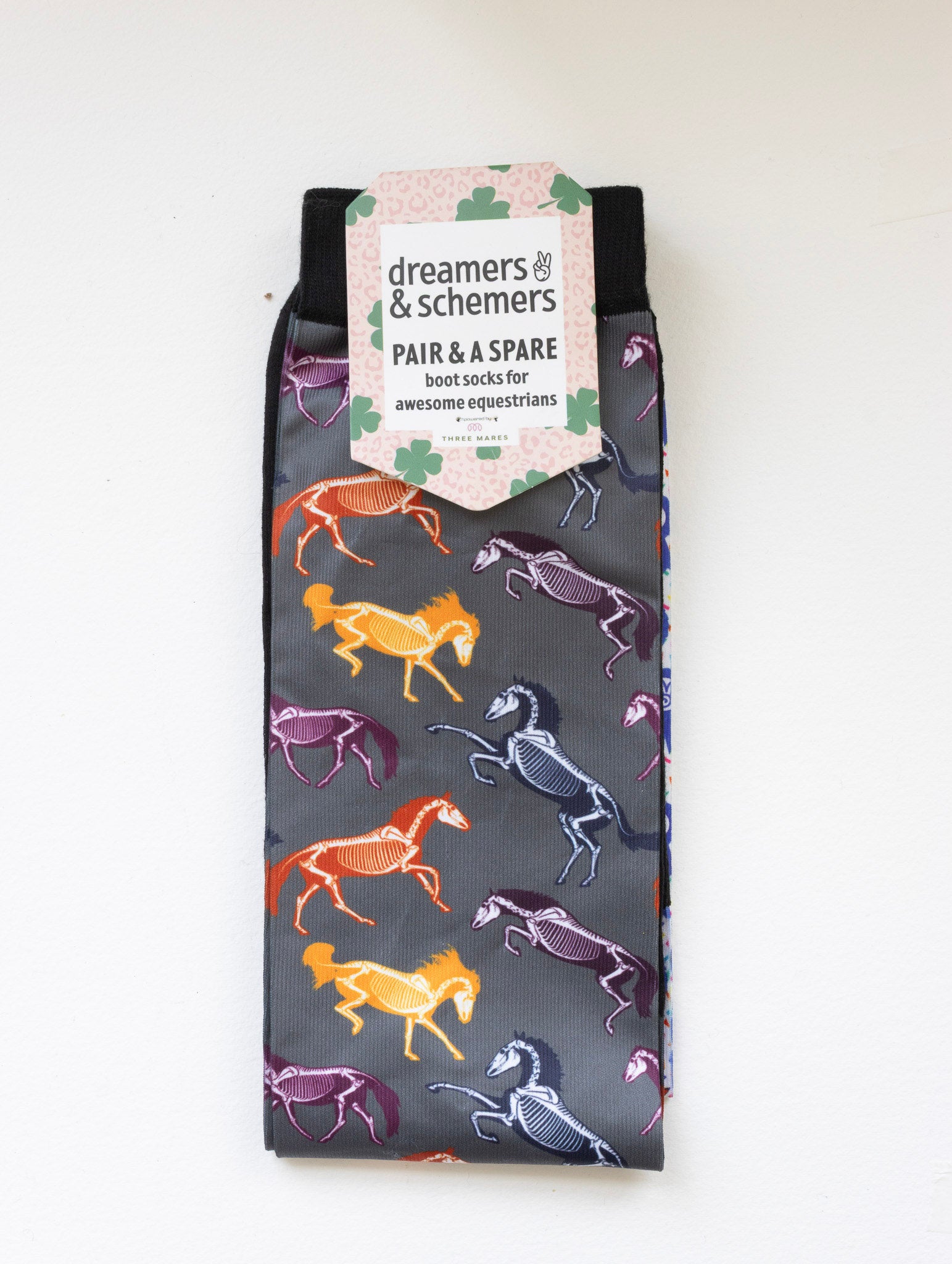 The Pony Island Horse Skeletons Pair & a Spare equestrian boot socks in their header card, by Dreamers & Schemers