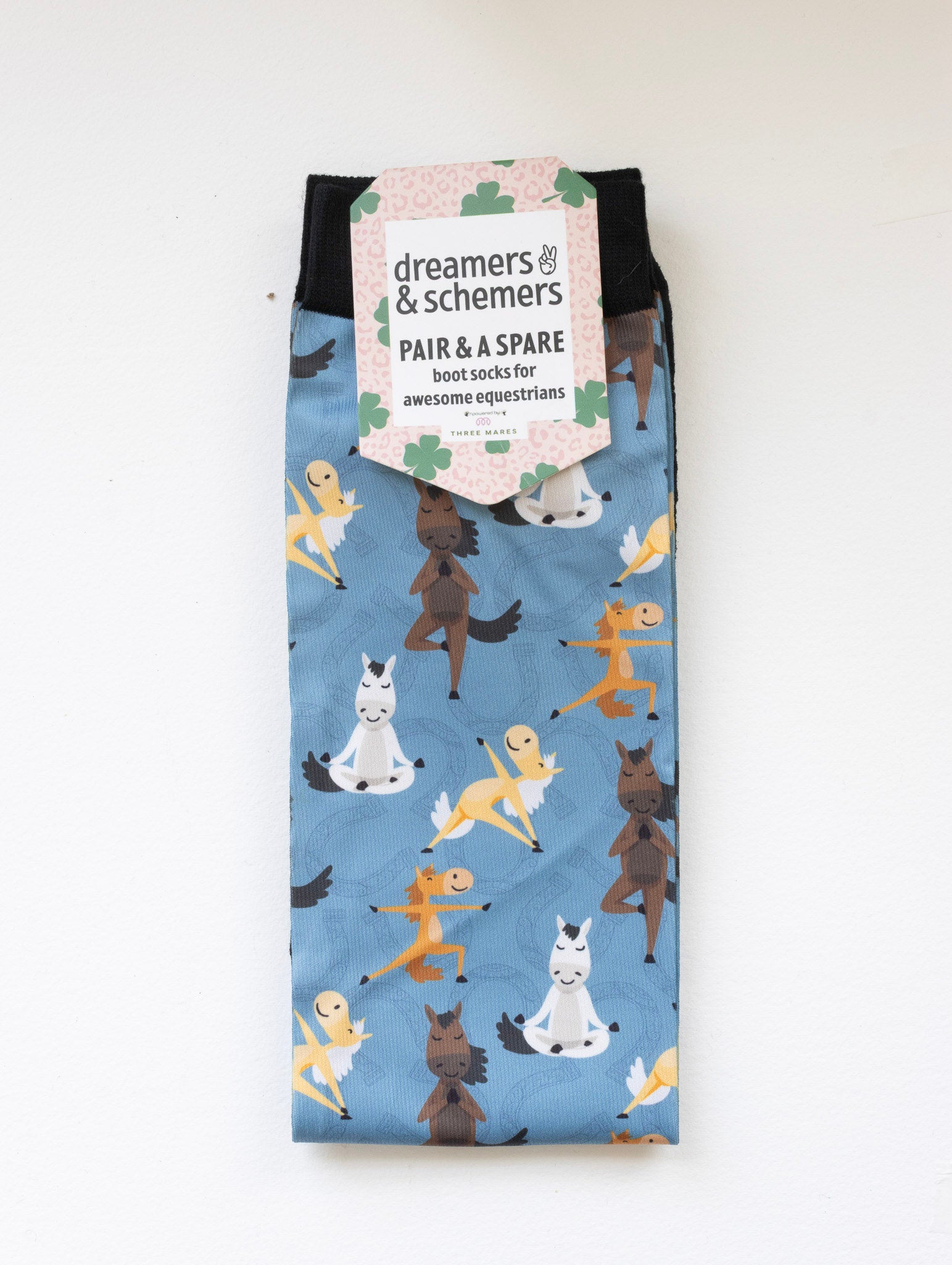 Pony Pilates Pair & a Spare equestrian boot socks in their header card, by Dreamers & Schemers